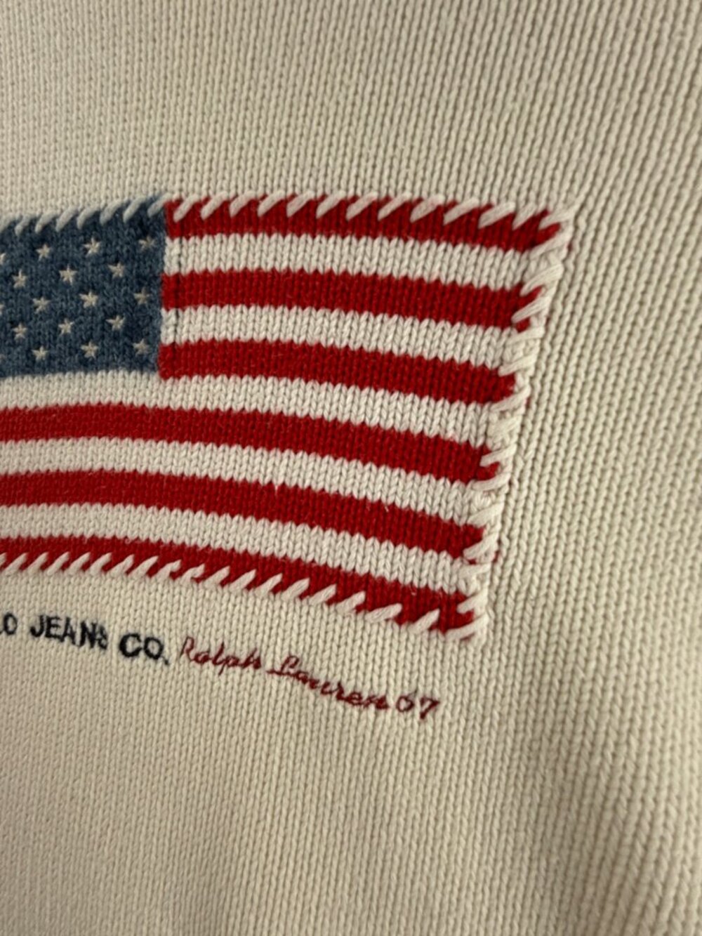 Polo Jeans Co Ralph Lauren Flag Sweater Knit Graphic Pullover Ivory Patriotic - Picture 14 of 16